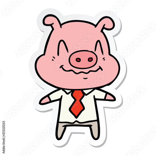 sticker of a nervous cartoon pig boss