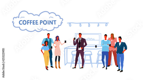 people group having break standing near coffee point drinking and chatting concept businesspeople holding hot drinks male female characters full length sketch horizontal vector illustration