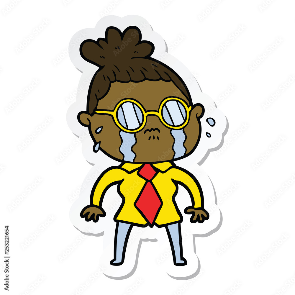 sticker of a cartoon crying woman wearing spectacles sticker of a cartoon crying woman wearing spectacles
