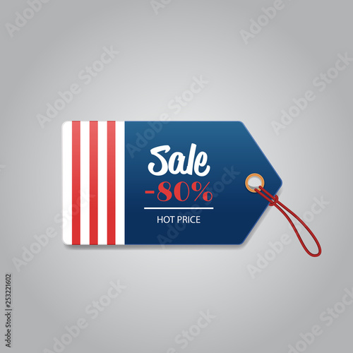 price label tag happy presidents day holiday big sale concept american flag colors badge with text 80 percent off special offer discount flat gray background