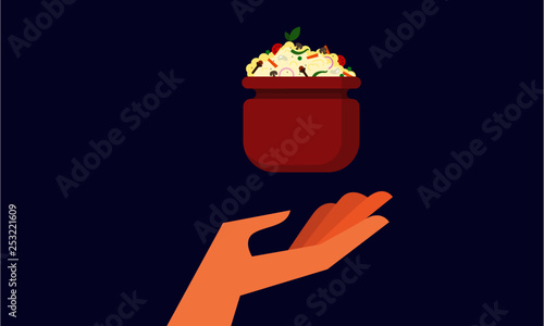 Vector illustration of a hand and biryani. Food and Eating Concept. Feeding and Helping Design
