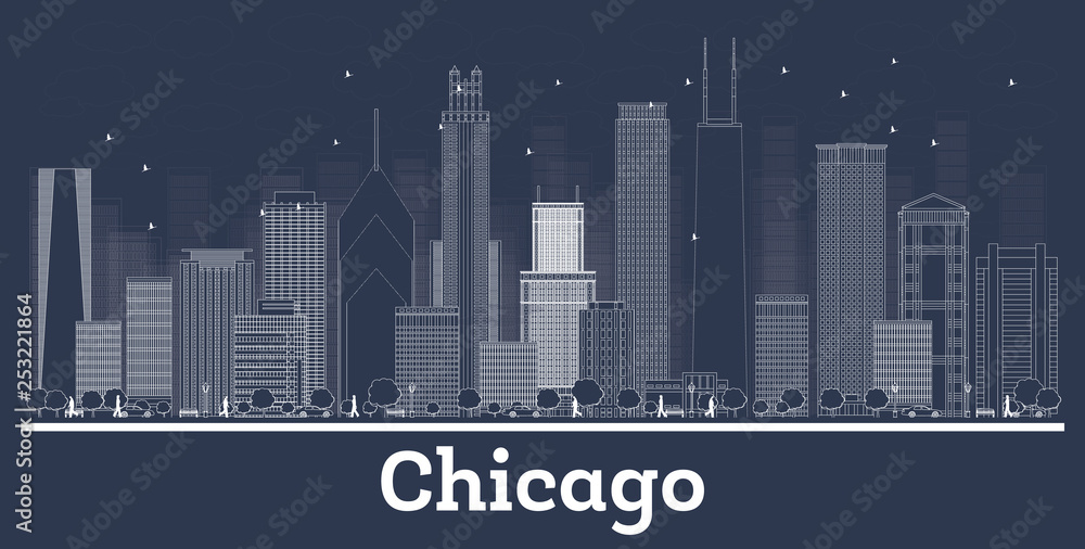 Outline Chicago Illinois City Skyline with White Buildings.