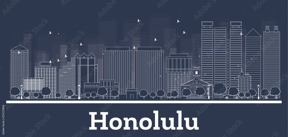 Outline Honolulu Hawaii City Skyline with White Buildings.