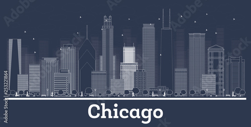 Outline Chicago Illinois City Skyline with White Buildings.