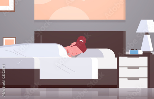woman sleeping in bed covered with quilt lazy girl sleep at morning bedroom modern apartment interior female cartoon character flat horizontal closeup