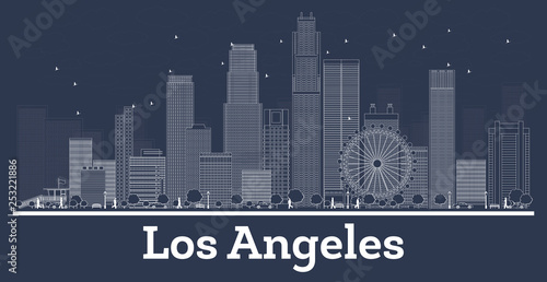 Outline Los Angeles California City Skyline with White Buildings.