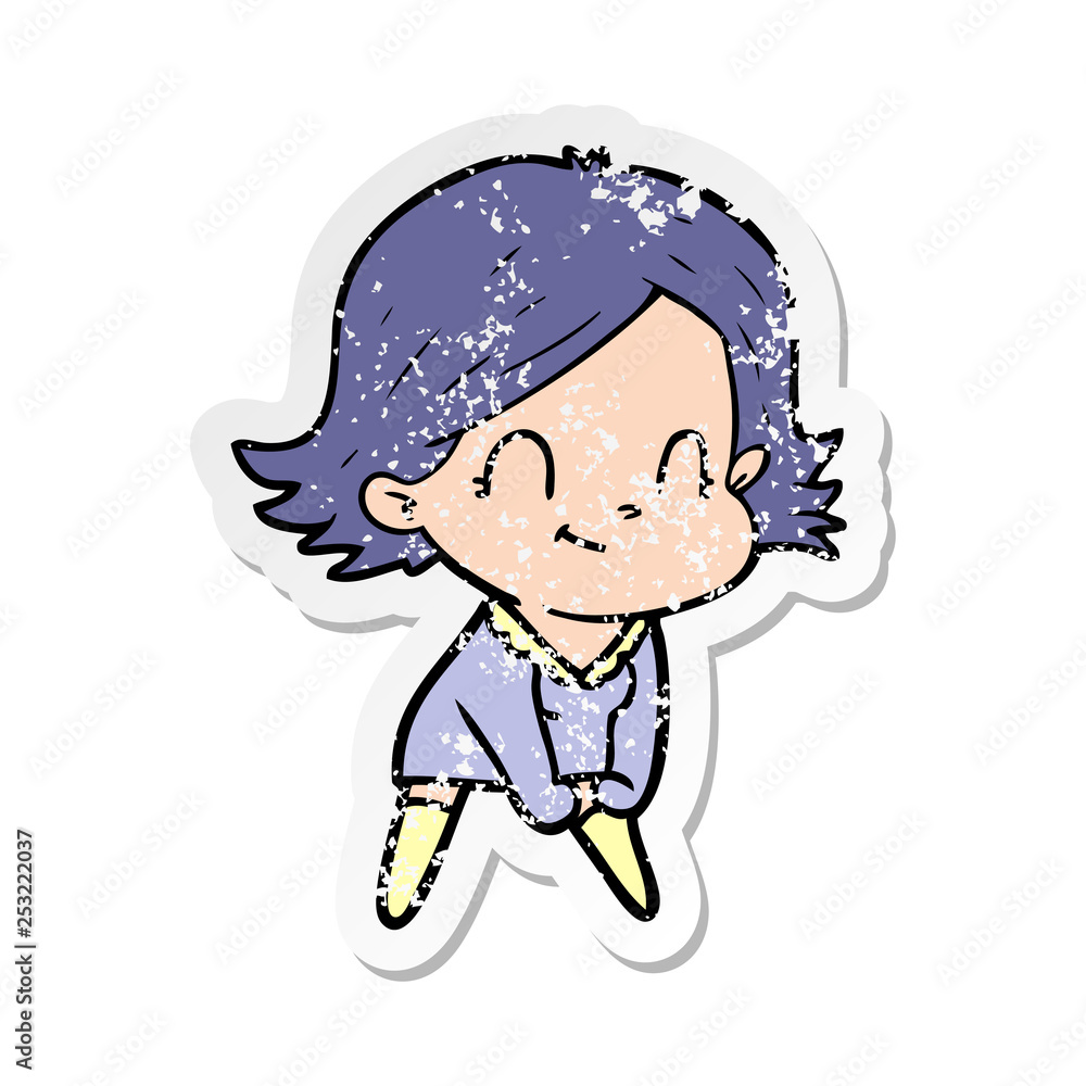 distressed sticker of a cartoon friendly girl distressed sticker of a cartoon friendly girl