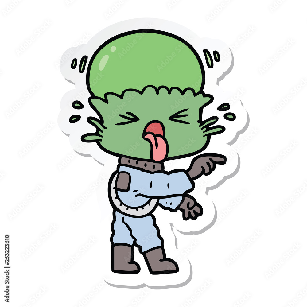 sticker of a weird cartoon alien pointing sticker of a weird cartoon alien pointing
