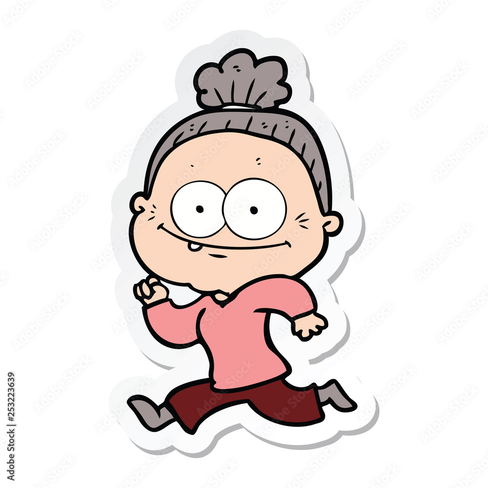 sticker of a cartoon happy old woman sticker of a cartoon happy old woman