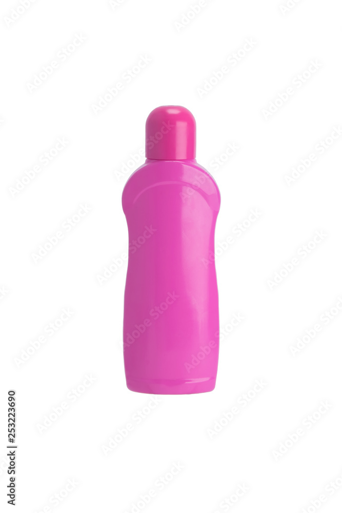 pink bottle with cleaning agent, on a white background, close-up