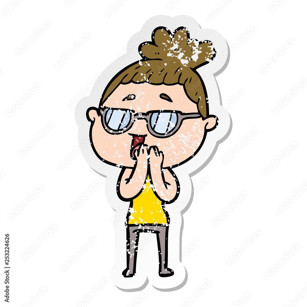 distressed sticker of a cartoon happy woman wearing spectacles
