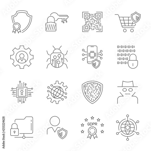 GDPR Data Privacy vector icons set. Included the icons as security information, data protection, shield, certificate, compliant, personal data, database and more. Editable Stroke. EPS 10