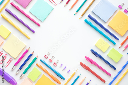 Ideas creativity concepts with flat lay of colorful stationery on wite space background.back to School.Modern mock up of business photo