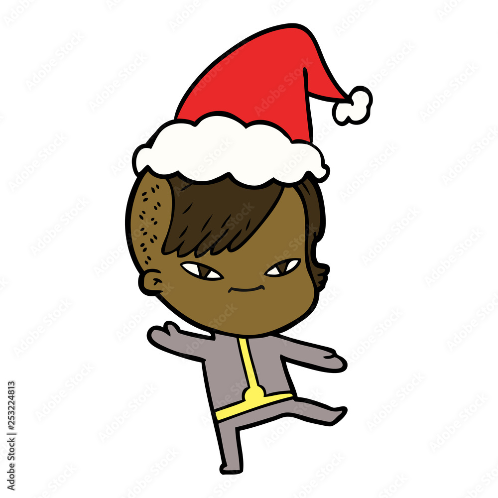 cute line drawing of a girl with hipster haircut wearing santa hat cute line drawing of a girl with hipster haircut wearing santa hat