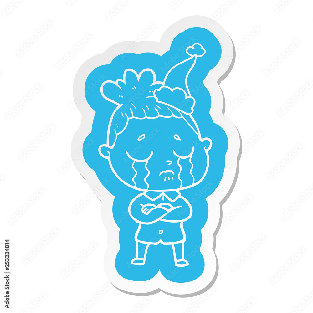 cartoon  sticker of a crying woman wearing santa hat