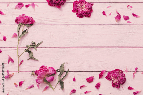 dried flowers on pink wooden background