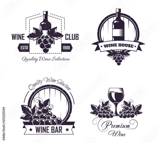Wine club house logo templates or winemaking bar shop label set.