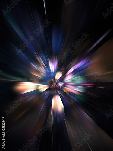 Abstract holiday background with blurred rays and sparkles. Fantastic blue and golden light effect. Digital fractal art. 3d rendering.