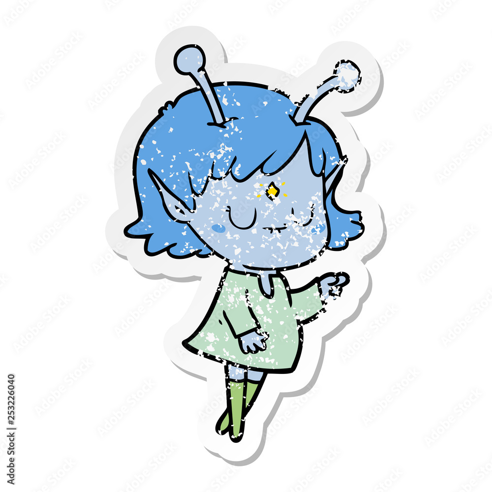 distressed sticker of a cartoon alien girl distressed sticker of a cartoon alien girl
