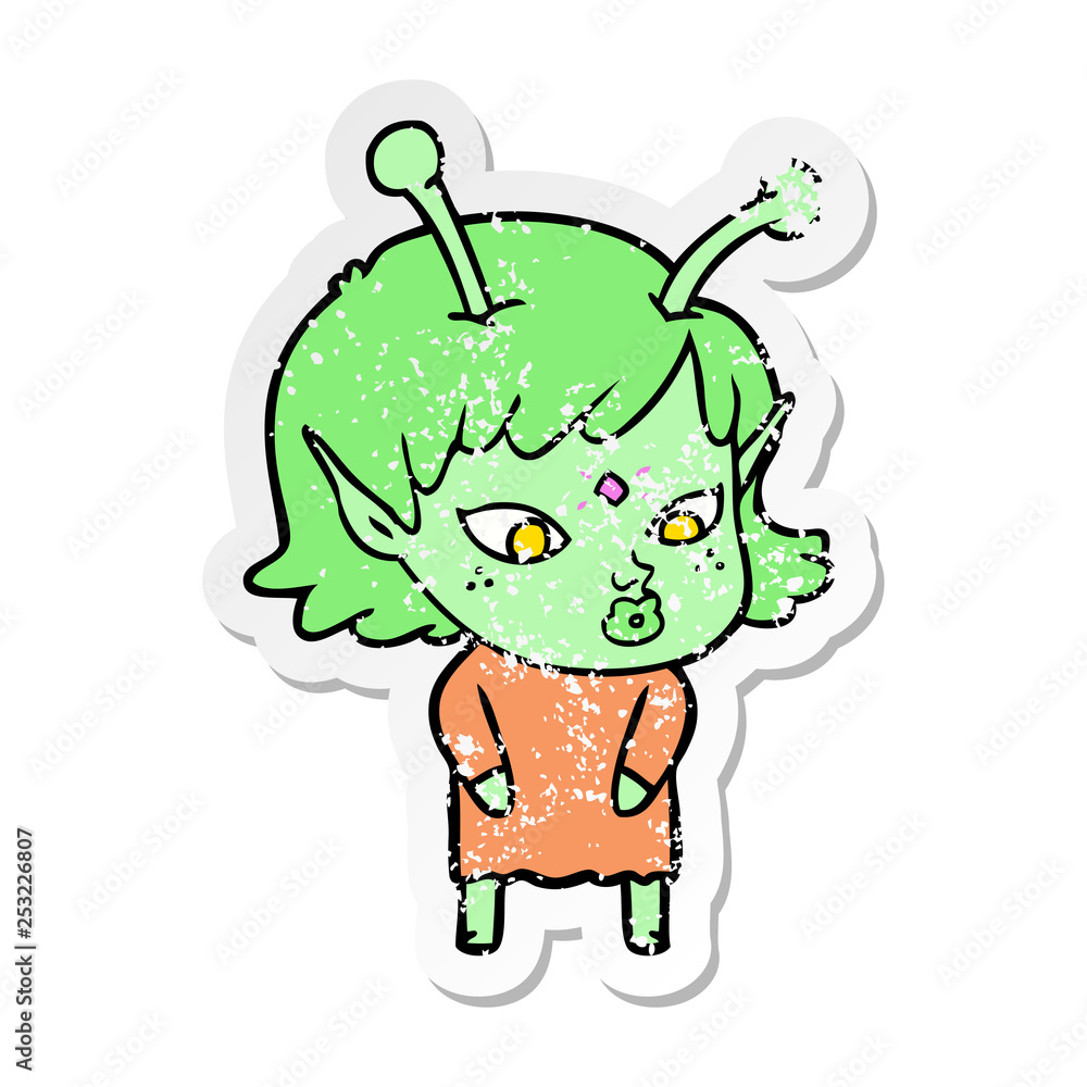 distressed sticker of a pretty cartoon alien girl distressed sticker of a pretty cartoon alien girl