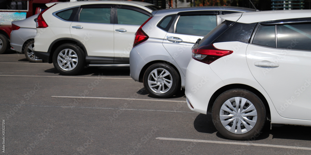 Closeup of back or rear side of white car and other cars parking in outdoor parking area in sunny day. 