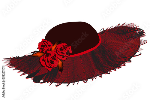 Elegant women hat with netting wavy brim and roses in black and red colors isolated on white