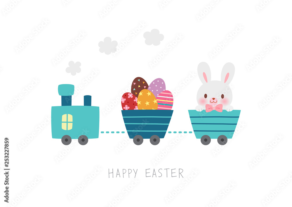 Obraz premium Cute train carrying Easter eggs and Easter Bunny