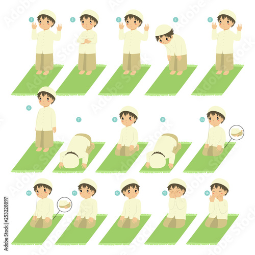 Muslim boy perform prayer or salat steps. Islamic prayer or salat guide for children vector collection