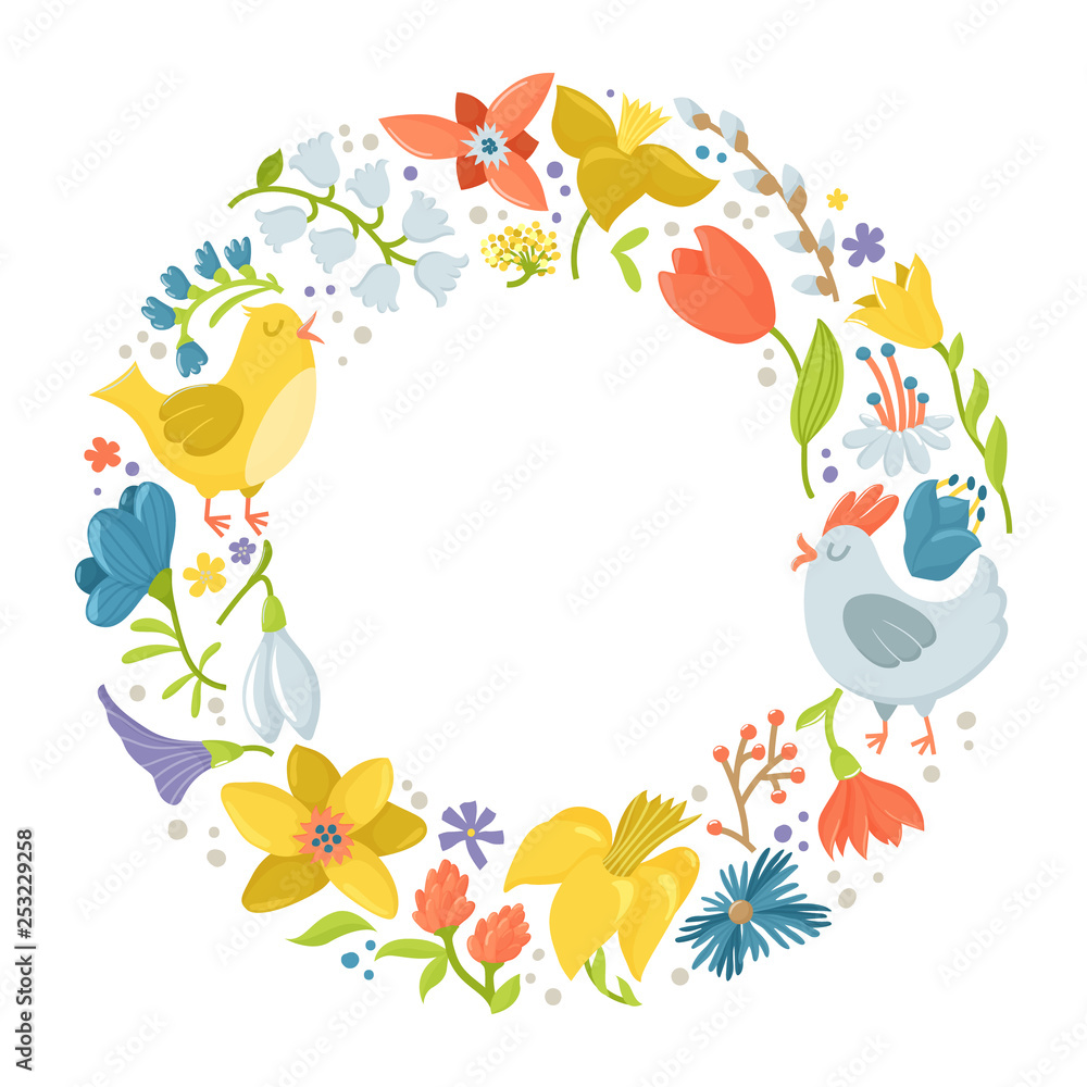 Round frame made of spring flowers, hen and rooster, easter greeting card template, decoration element, cute cartoon vector illustration isolated on white background