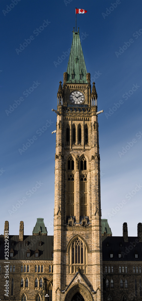 Peace tower of the Canadian Parliament Buildings in Centre Block confederation Hall on Parliament Hill Ottawa Canada in winter