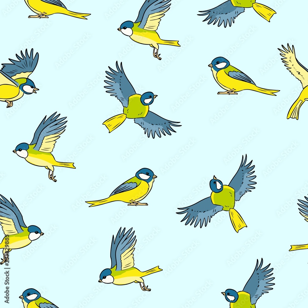 Fototapeta premium Cartoon titmouse spring birds colorful seamless pattern