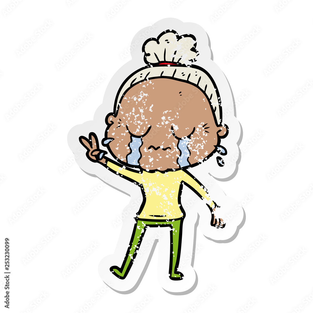 distressed sticker of a cartoon crying old lady