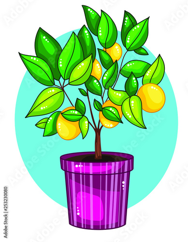 Hand drawn vector illustration of cartoon Lemon tree in ceramic pot