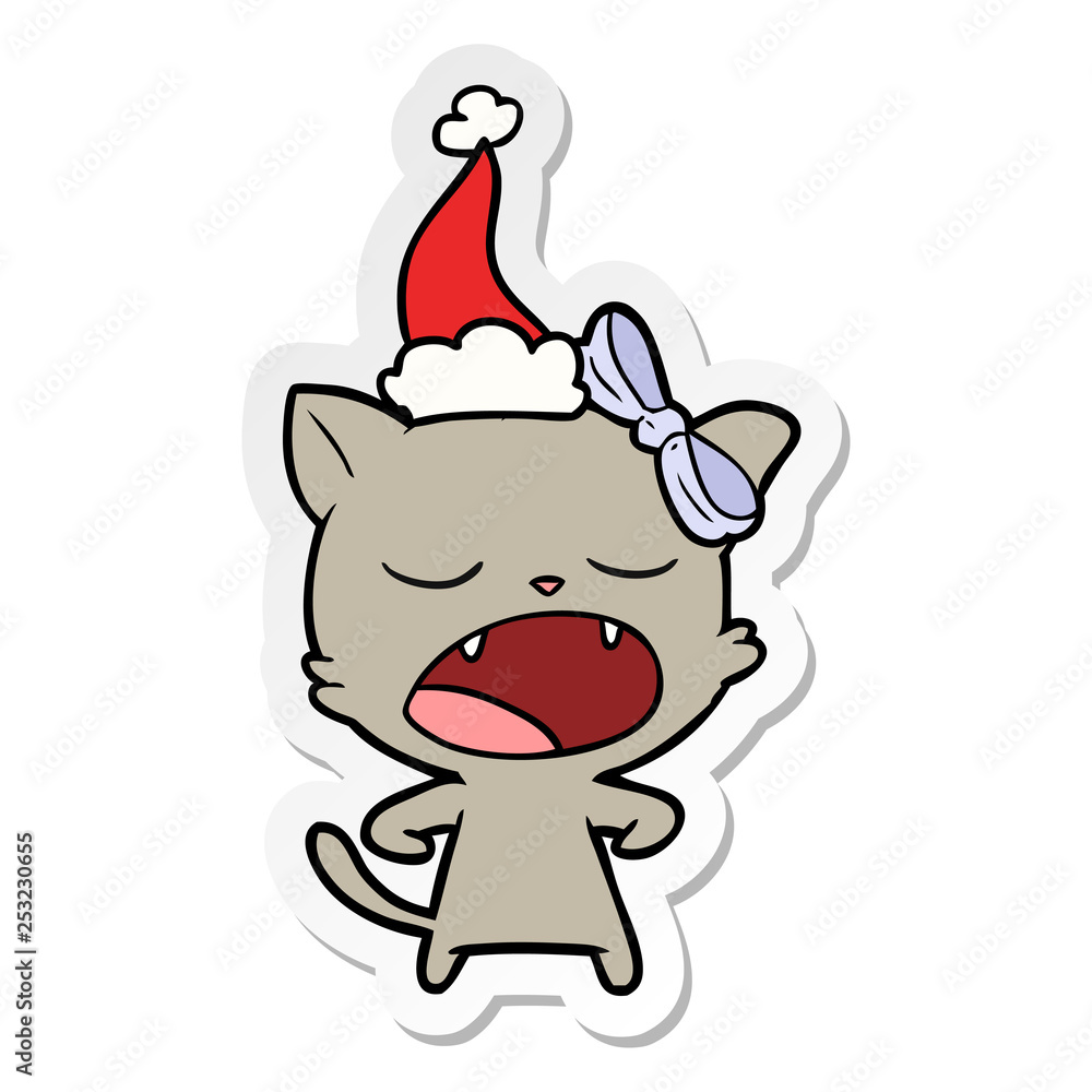 sticker cartoon of a yawning cat wearing santa hat