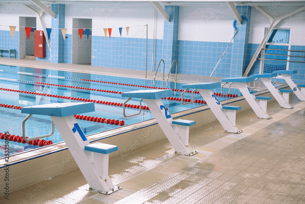 Naklejka premium Pool. Water in the pool. A place for swimming. Rest on the water. Ladder in the Pool.