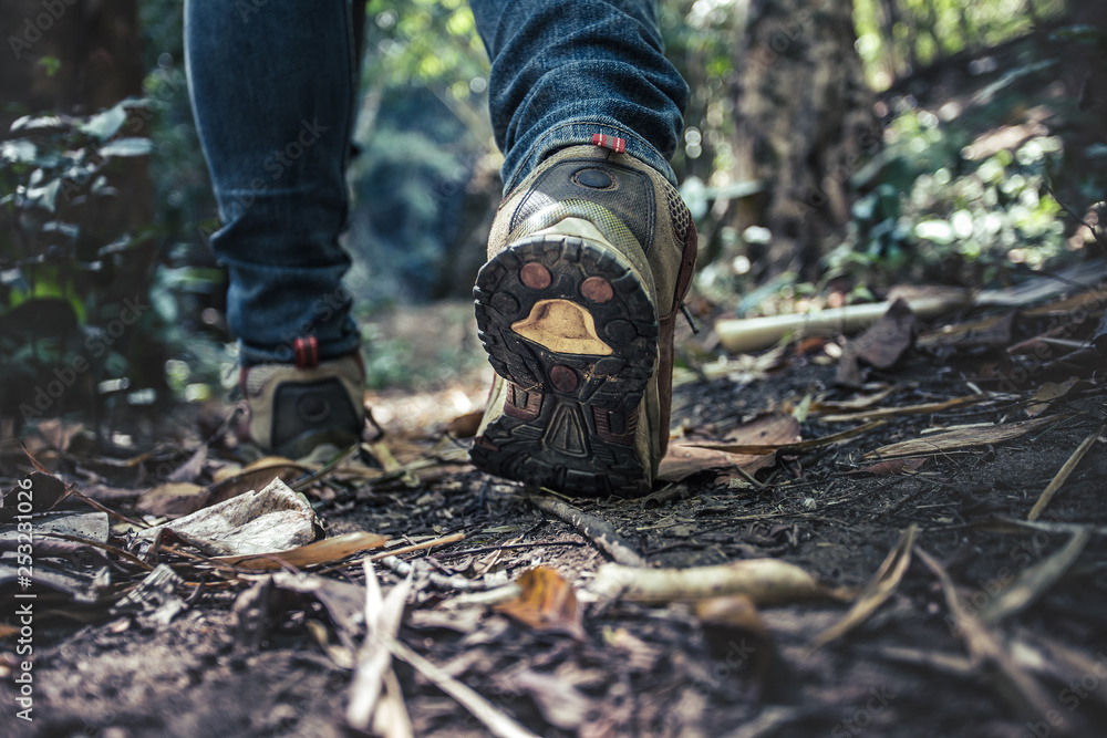 close up shoes of hiking man on a forest path. travel concept. close up shoes of hiking man on a forest path. travel concept.