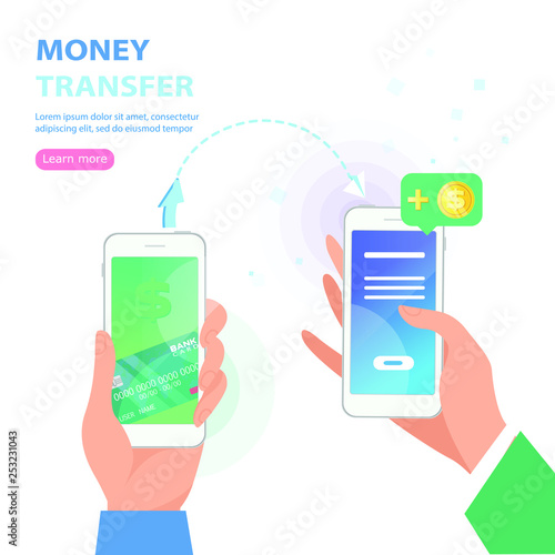 Send money low-cost fee flat vector neon illustration for ui ux web and mobile design with text and button. Man is sending money from credit card to his friend wallet via mobile app on smart phone