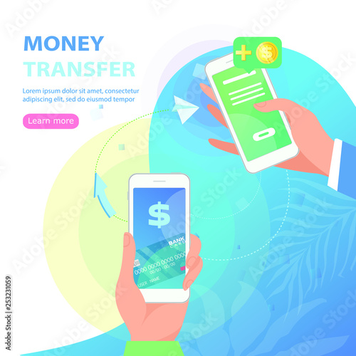 Send money low-cost fee flat vector neon illustration for ui ux web and mobile design with text and button. Man is sending money from credit card to his friend wallet via mobile app on smart phone