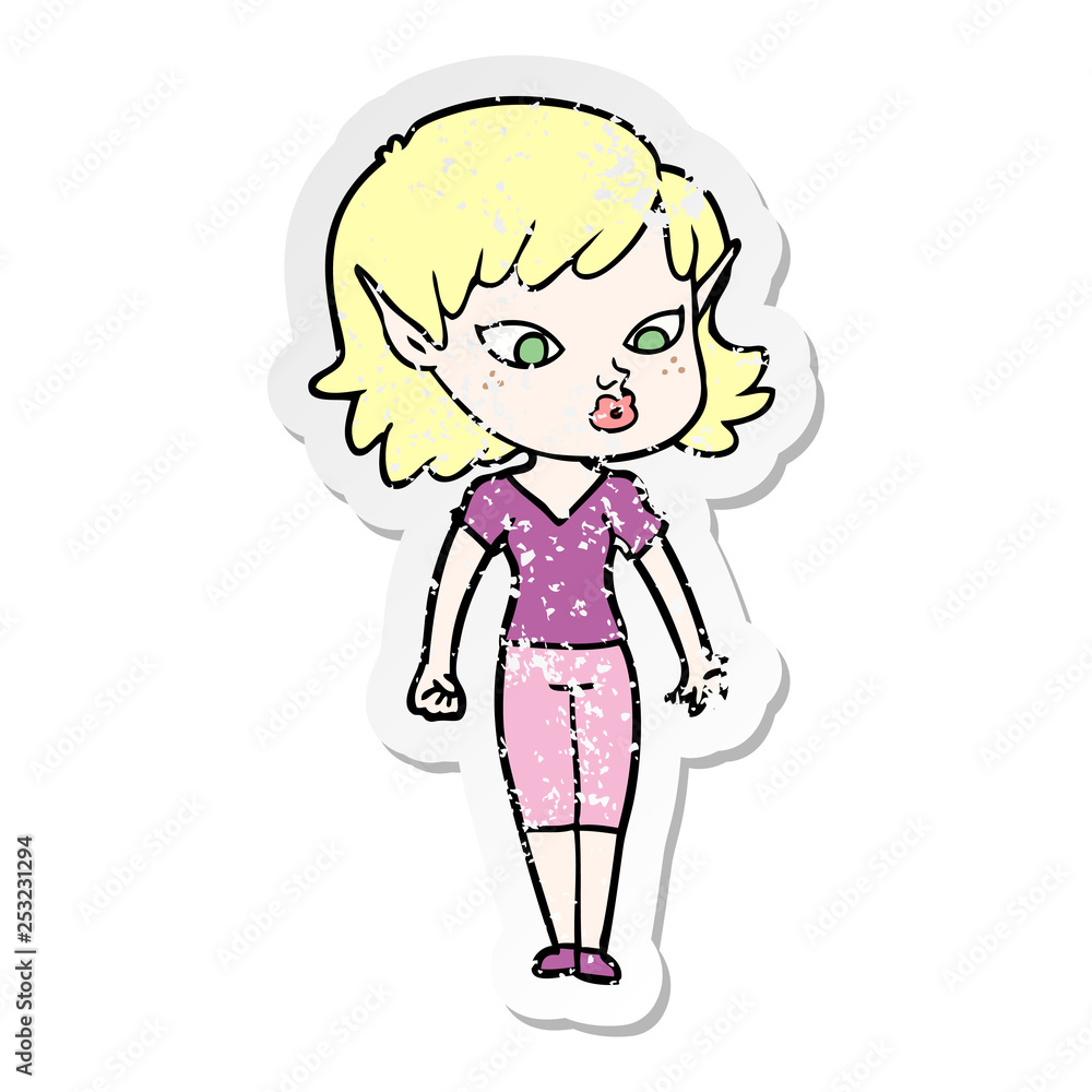 distressed sticker of a pretty cartoon elf girl distressed sticker of a pretty cartoon elf girl