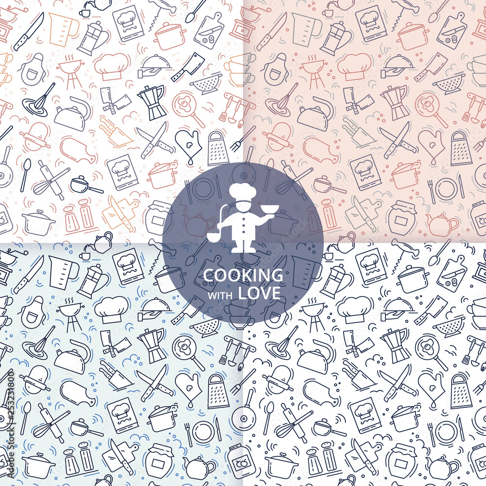 Set of four seamless patterns on the kitchen theme with a variety of kitchen items in various colors. Background for menu design, kitchen items, and other things. Set of four seamless patterns on the kitchen theme with a variety of kitchen items in various colors. Background for menu design, kitchen items, and other things.