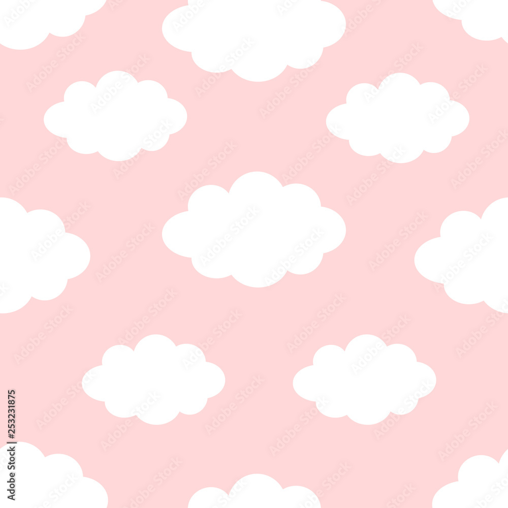 Seamless Pattern. Cloud in the sky. Cute cartoon kawaii funny baby kids decor. Wrapping paper, textile template. Nursery decoration. Pink background. Flat design