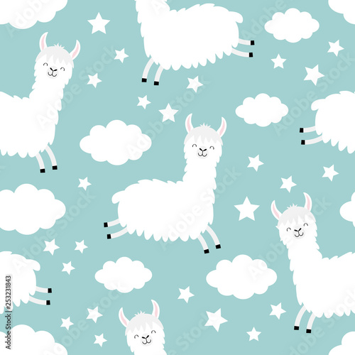 Seamless Pattern. Alpaca llama jumping. Cloud star in the sky. Cute cartoon kawaii funny smiling baby character. Wrapping paper, textile template. Nursery decoration. Flat design Blue background.