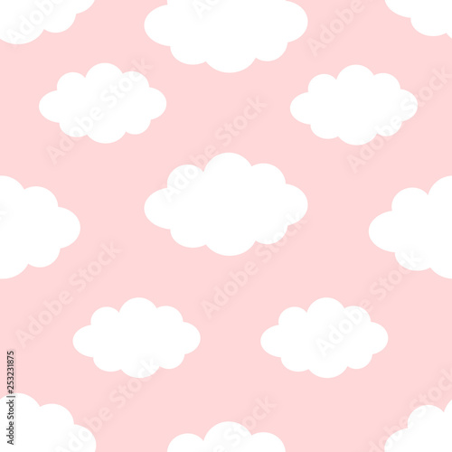 Seamless Pattern. Cloud in the sky. Cute cartoon kawaii funny baby kids decor. Wrapping paper, textile template. Nursery decoration. Pink background. Flat design