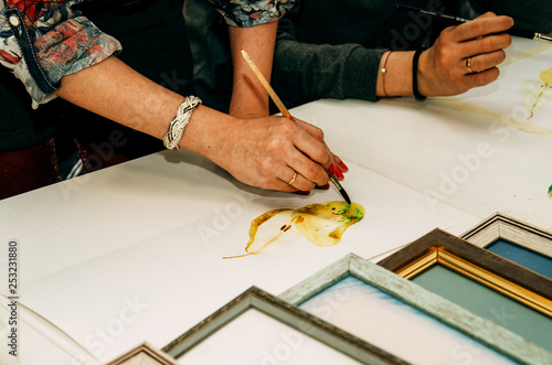 watercolor painting lessons, pear still life with brushes and paints