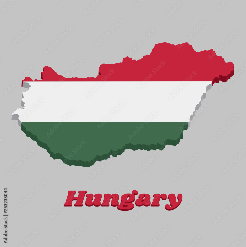3D Map outline and flag of Hungary, a horizontal tricolor of red white and green. 3D Map outline and flag of Hungary, a horizontal tricolor of red white and green.