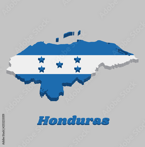 3D Map outline and flag of Honduras, A horizontal triband of blue and white with five blue stars arranged in an X pattern.