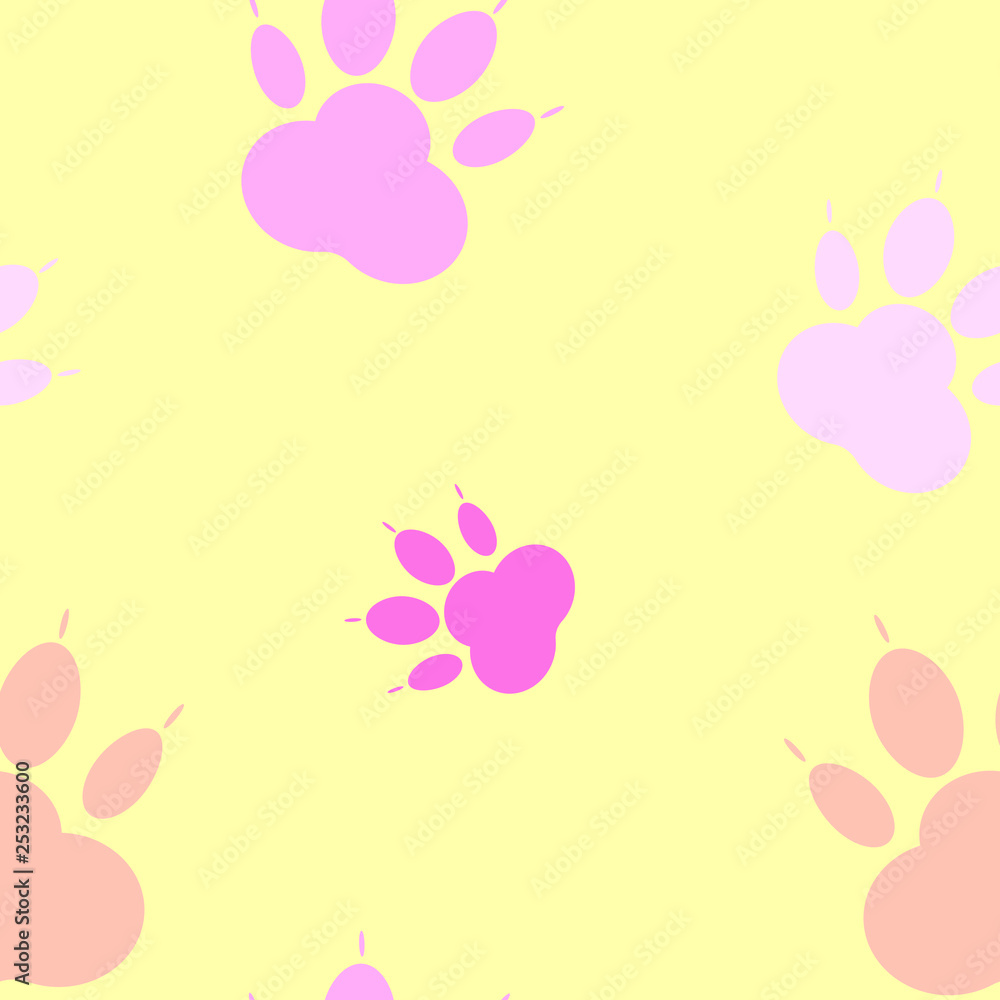 Paw pattern, seamless vector pattern silhouettes of paw, cat's feet, dog's footprint. Pink on yellow background Paw pattern, seamless vector pattern silhouettes of paw, cat's feet, dog's footprint. Pink on yellow background