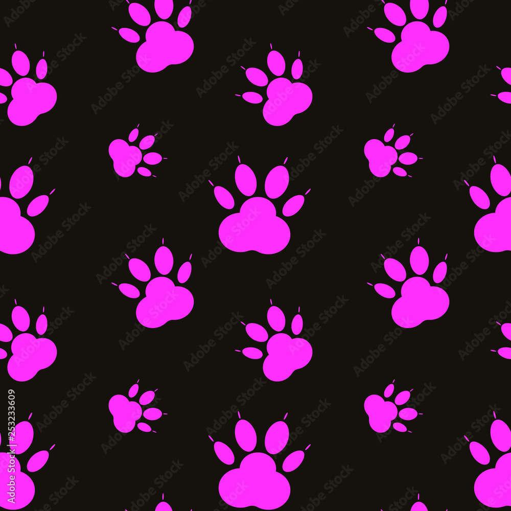 Paw pattern, seamless vector pattern silhouettes of paw, cat's feet, dog's footprint. Pink on black background Paw pattern, seamless vector pattern silhouettes of paw, cat's feet, dog's footprint. Pink on black background