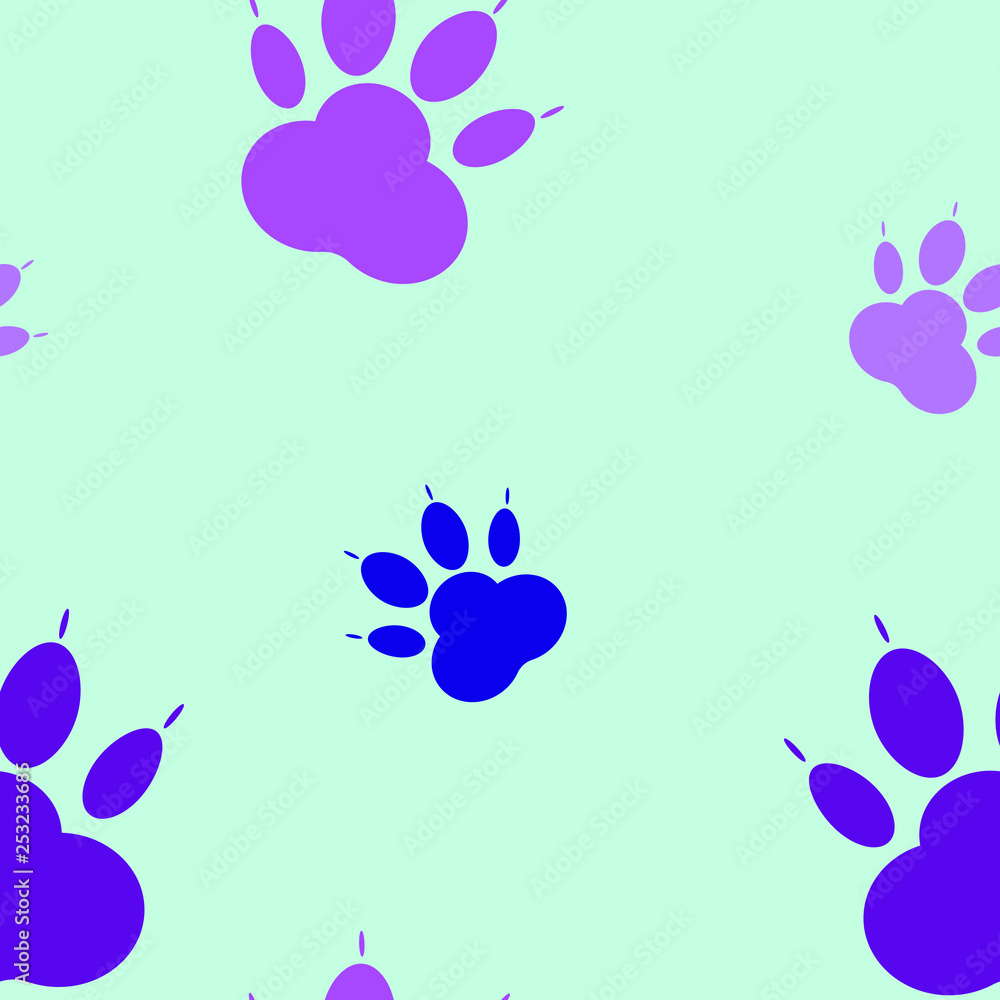 Fototapeta premium Paw pattern, seamless vector pattern silhouettes of paw, cat's feet, dog's footprint. Blue background