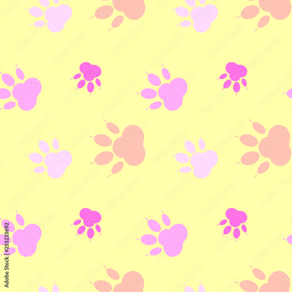 Paw pattern, seamless vector pattern silhouettes of paw, cat's feet, dog's footprint. Pink on yellow background